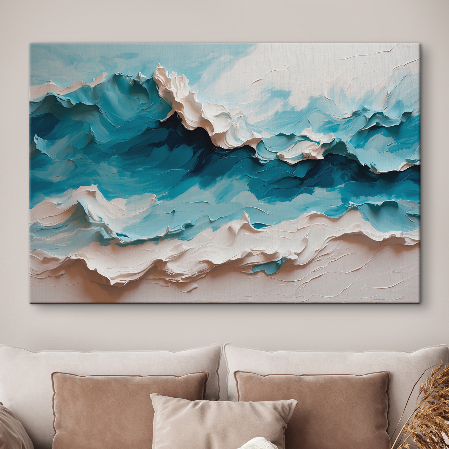 Painting of a mountain with white and blue waves Painting of a mountain with white and blue waves