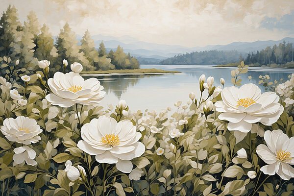 Peinture de fleurs au bord d'un lac Peinture de fleurs au bord d'un lac