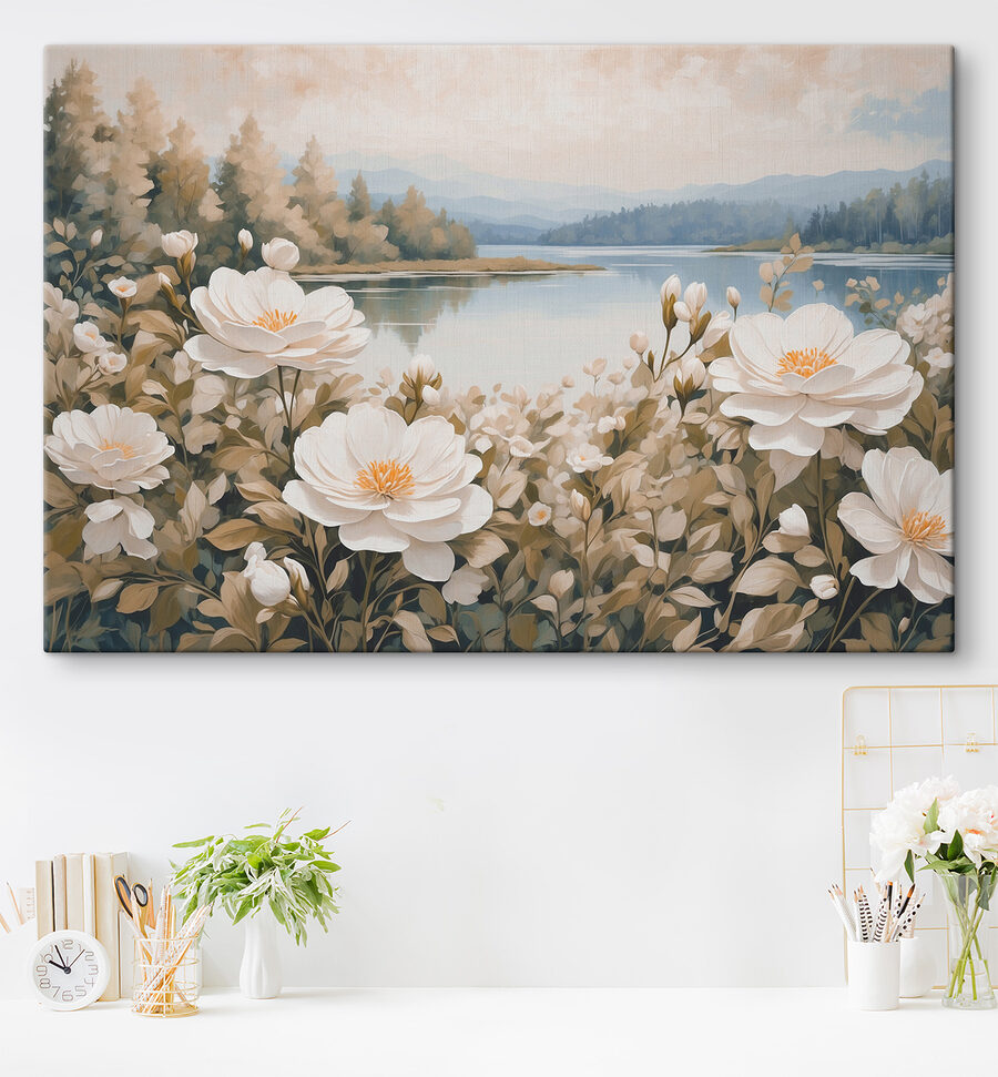 Peinture de fleurs au bord d'un lac