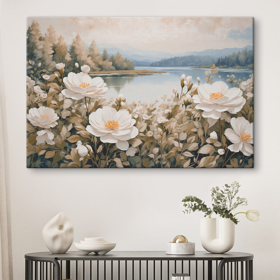 Peinture de fleurs au bord d'un lac