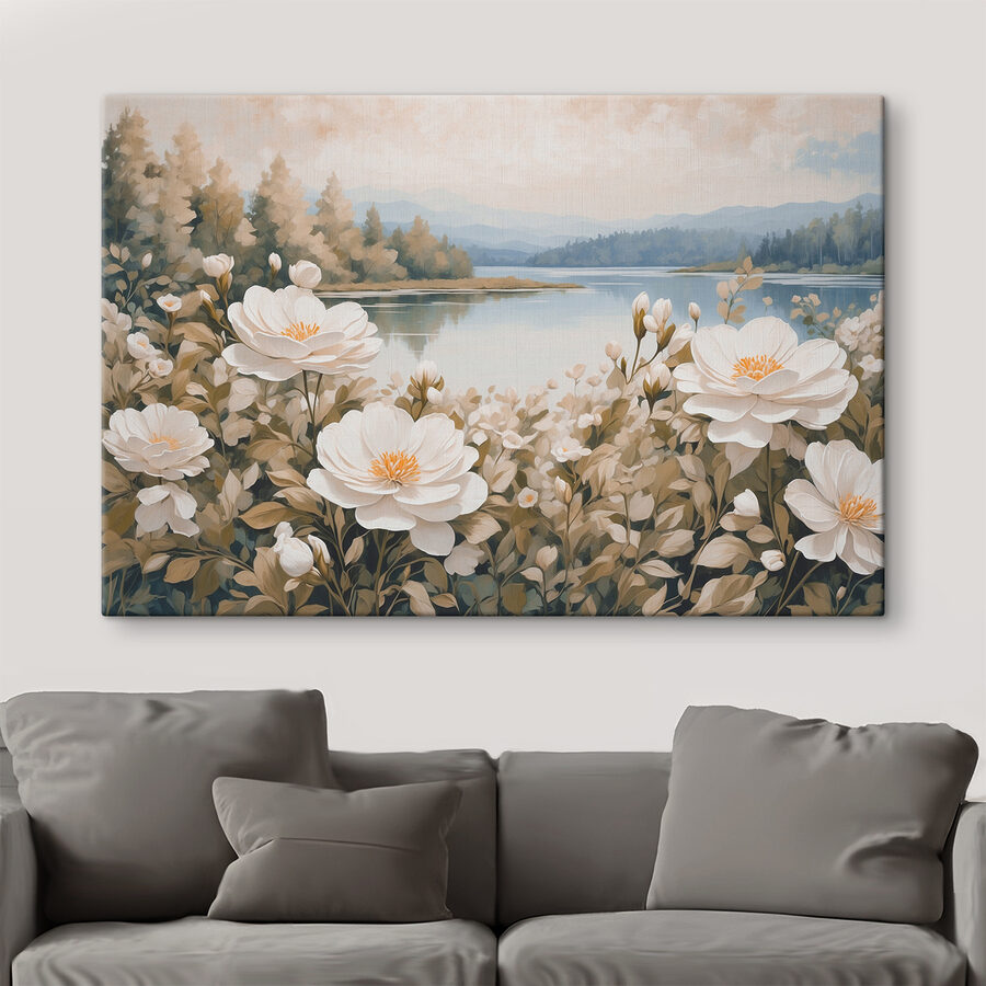 Peinture de fleurs au bord d'un lac