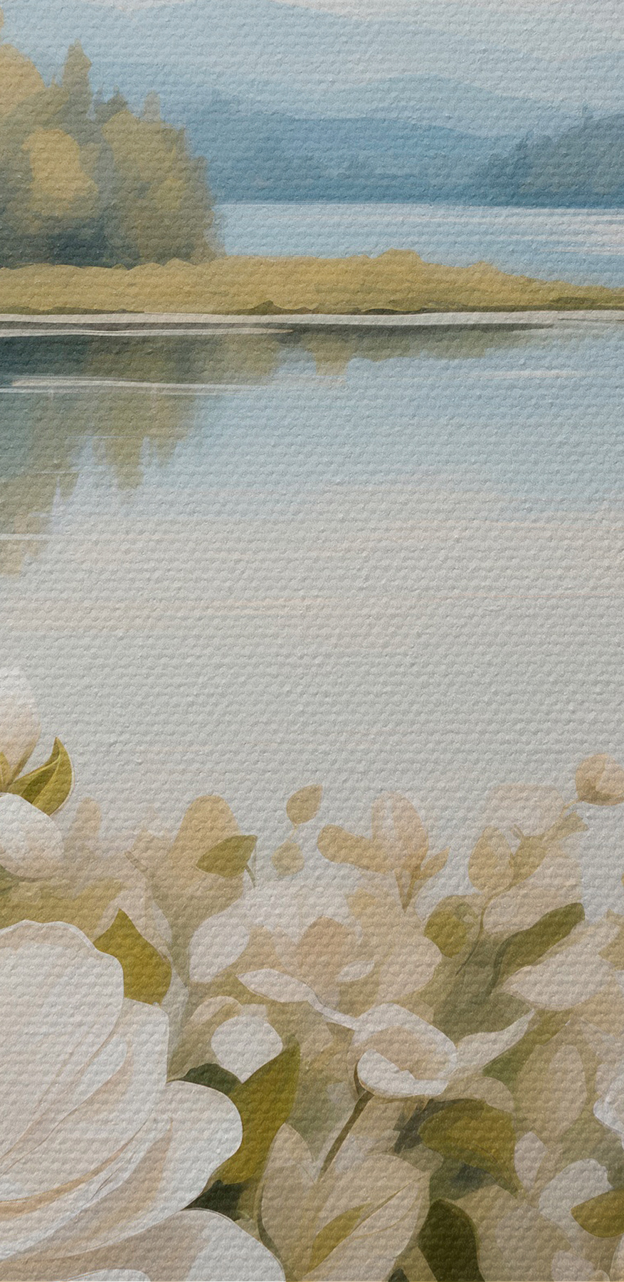 Peinture de fleurs au bord d'un lac
