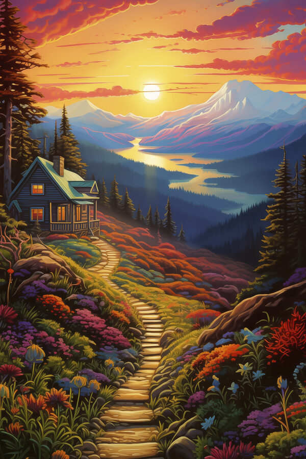 Maison sur une colline avec un chemin menant à une vallée avec des montagnes et une rivière Maison sur une colline avec un chemin menant à une vallée avec des montagnes et une rivière