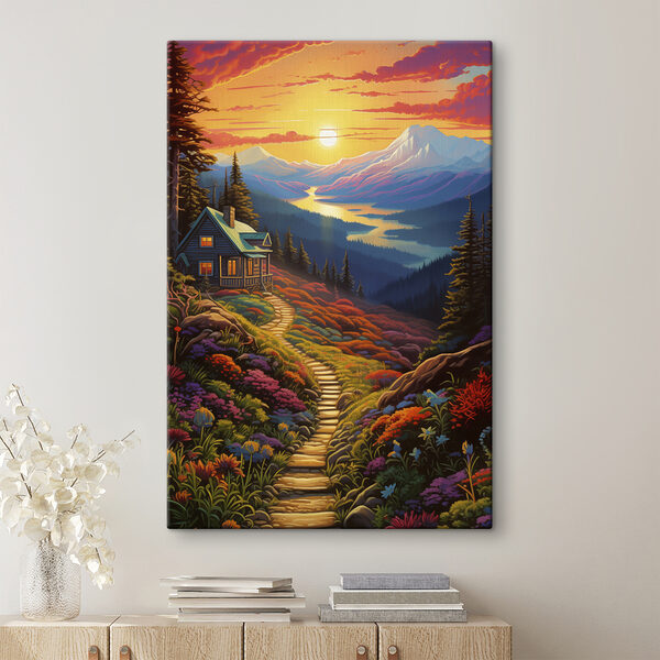 Maison sur une colline avec un chemin menant à une vallée avec des montagnes et une rivière Maison sur une colline avec un chemin menant à une vallée avec des montagnes et une rivière
