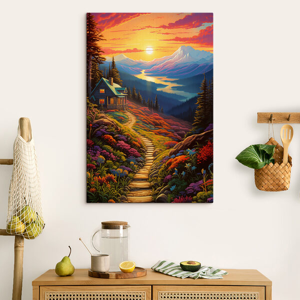 Maison sur une colline avec un chemin menant à une vallée avec des montagnes et une rivière Maison sur une colline avec un chemin menant à une vallée avec des montagnes et une rivière