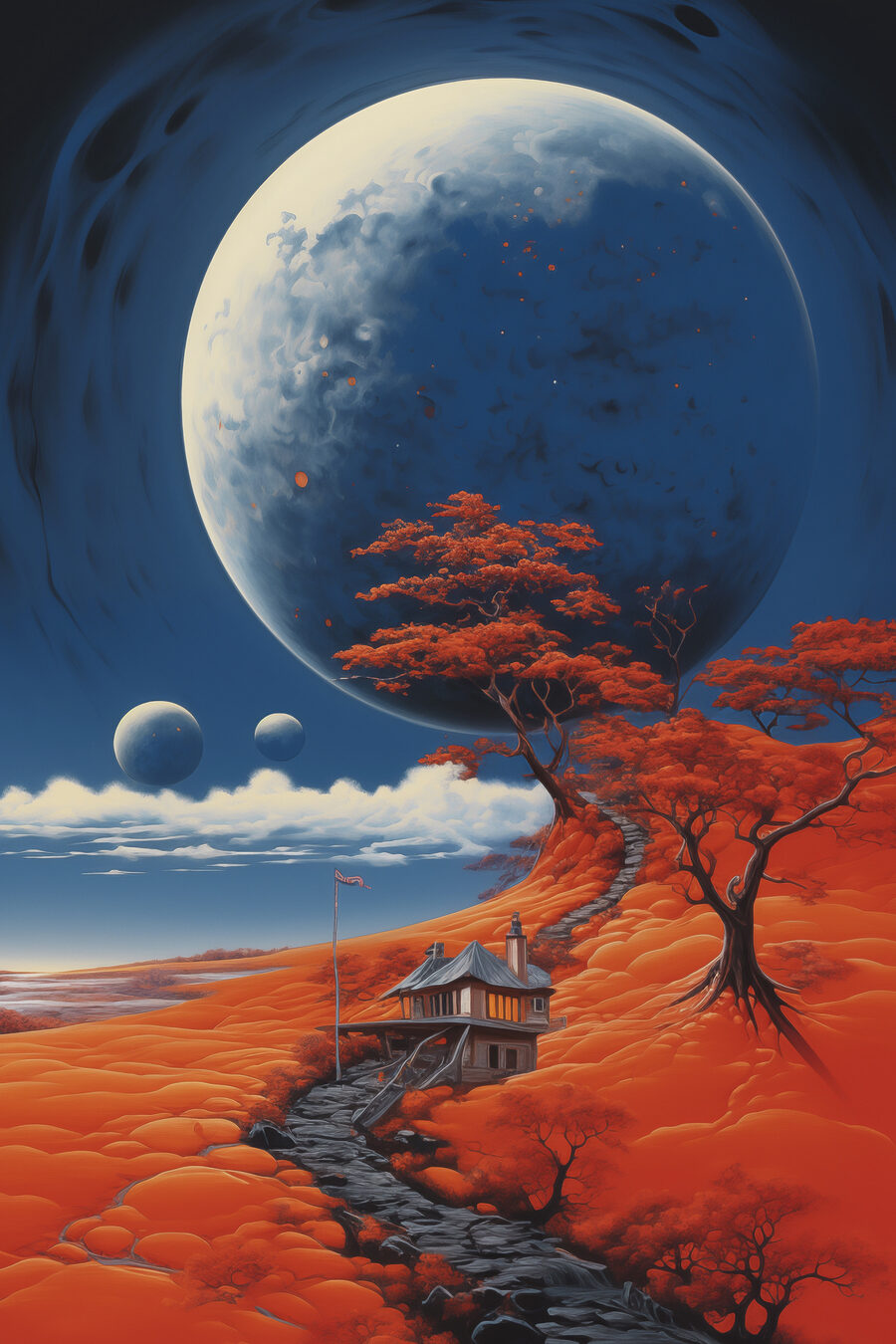 Maison sur une colline avec des orangers et une grande lune