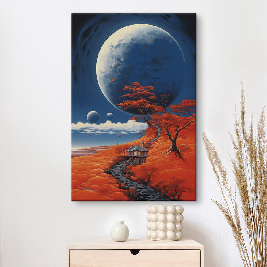 Maison sur une colline avec des orangers et une grande lune