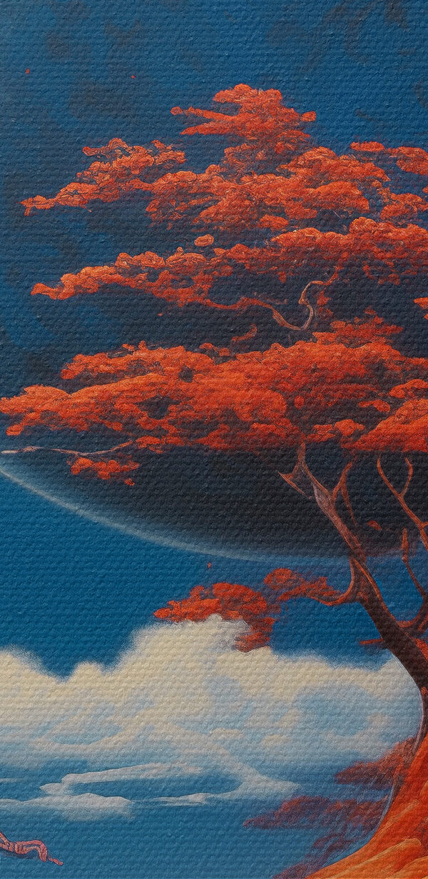 Maison sur une colline avec des orangers et une grande lune Maison sur une colline avec des orangers et une grande lune