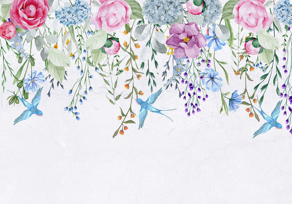 Bordure florale avec fleurs et oiseaux Bordure florale avec fleurs et oiseaux