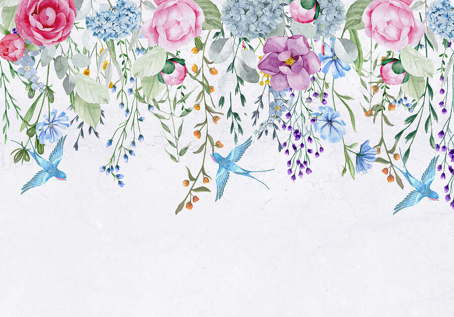Bordure florale avec fleurs et oiseaux