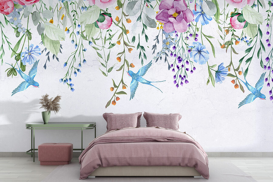 Bordure florale avec fleurs et oiseaux
