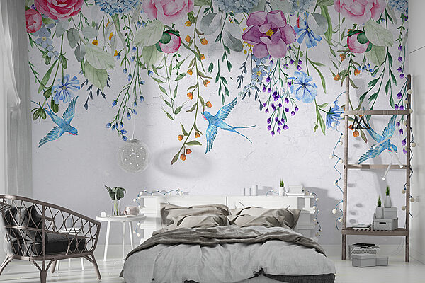 Bordure florale avec fleurs et oiseaux Bordure florale avec fleurs et oiseaux