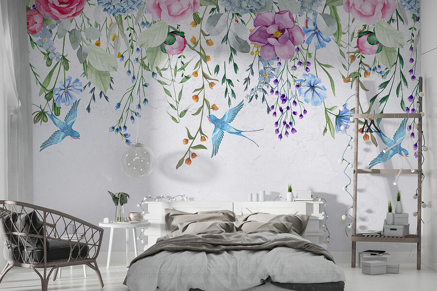 Bordure florale avec fleurs et oiseaux
