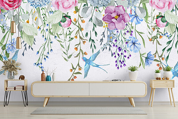 Bordure florale avec fleurs et oiseaux Bordure florale avec fleurs et oiseaux