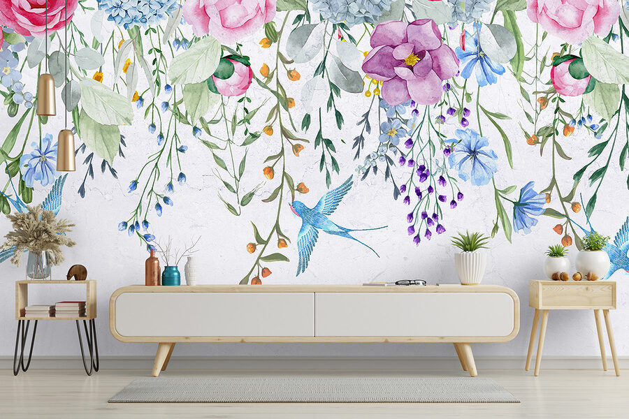 Bordure florale avec fleurs et oiseaux