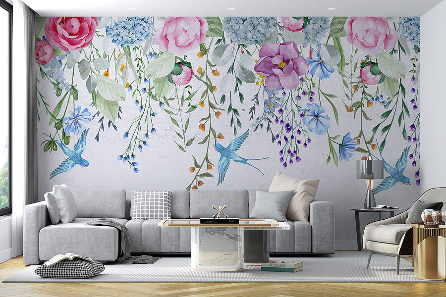 Bordure florale avec fleurs et oiseaux