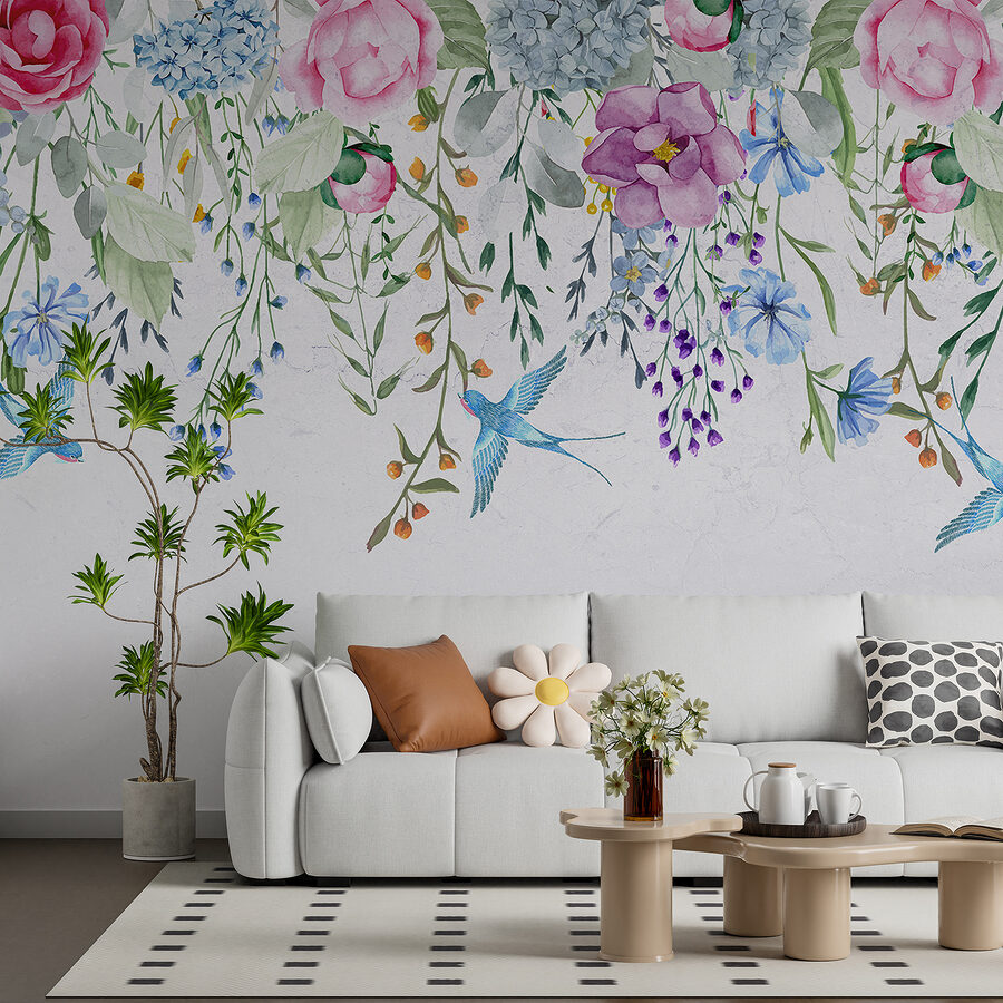 Bordure florale avec fleurs et oiseaux