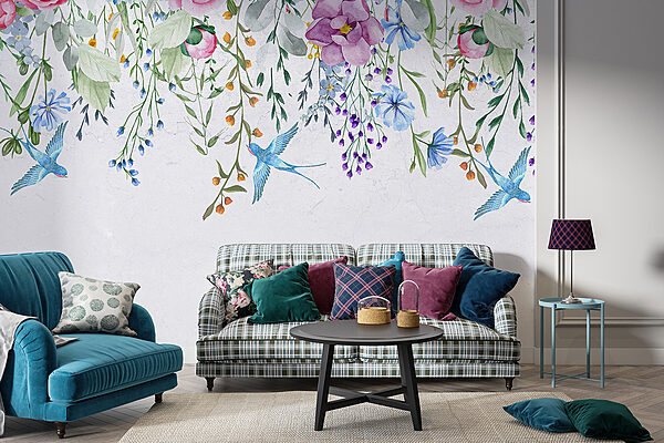 Bordure florale avec fleurs et oiseaux Bordure florale avec fleurs et oiseaux