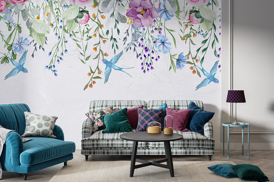 Bordure florale avec fleurs et oiseaux