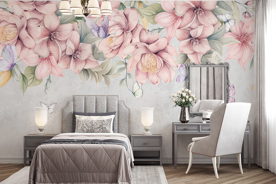 Gros plan sur des fleurs et des papillons