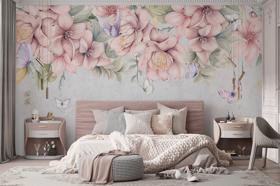Gros plan sur des fleurs et des papillons