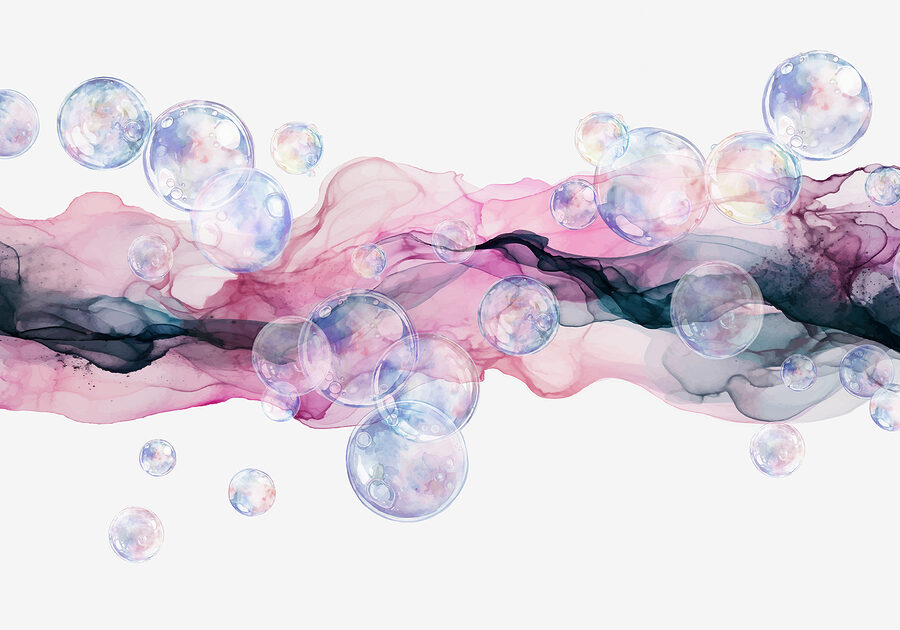 Groupe de bulles dans un liquide rose et violet