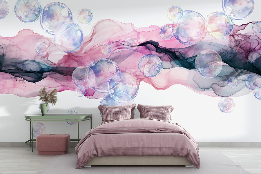 Groupe de bulles dans un liquide rose et violet