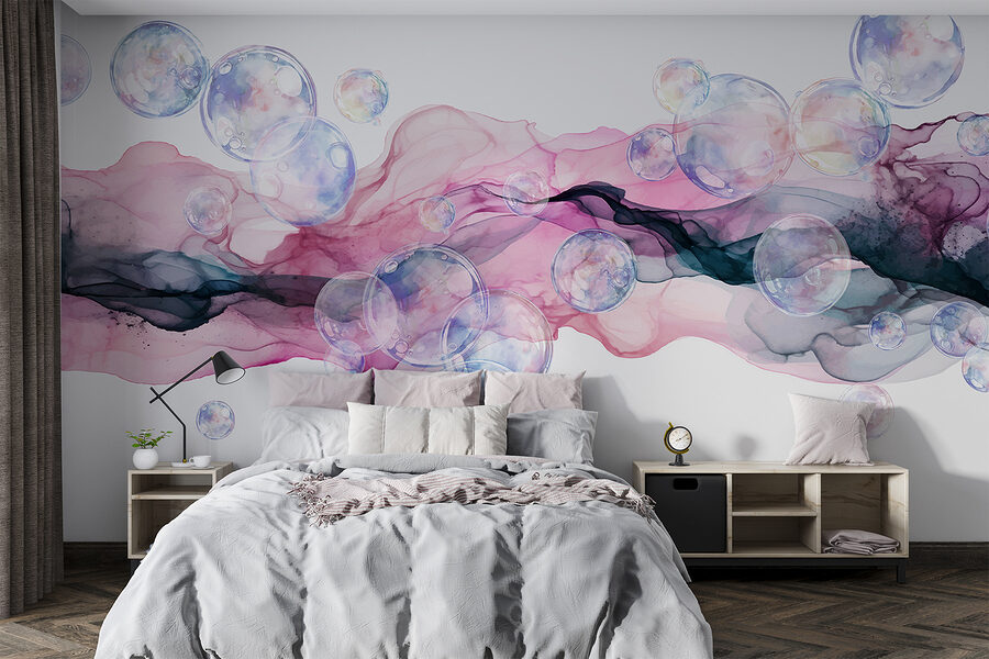 Groupe de bulles dans un liquide rose et violet