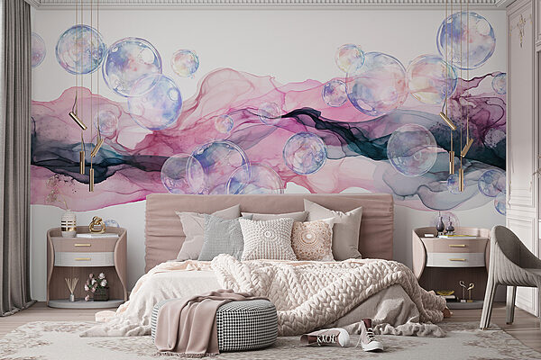 Groupe de bulles dans un liquide rose et violet Groupe de bulles dans un liquide rose et violet