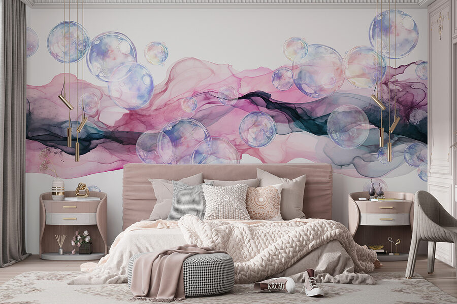 Groupe de bulles dans un liquide rose et violet
