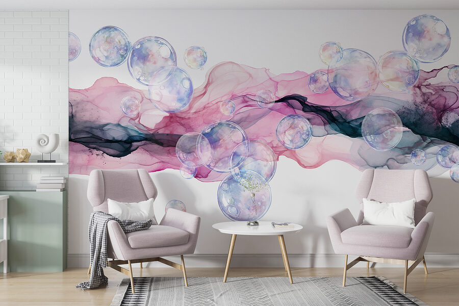 Groupe de bulles dans un liquide rose et violet