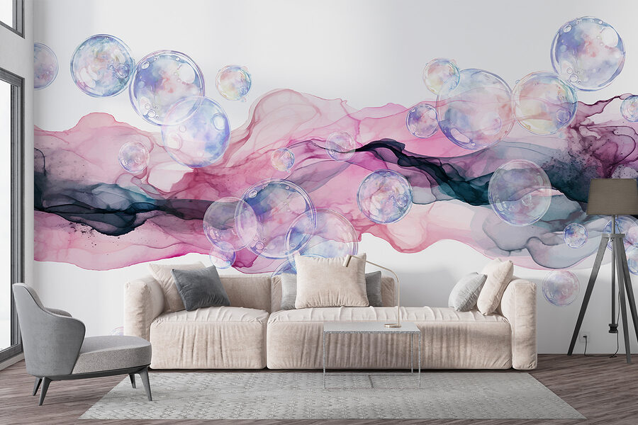 Groupe de bulles dans un liquide rose et violet