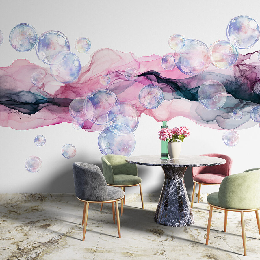 Groupe de bulles dans un liquide rose et violet