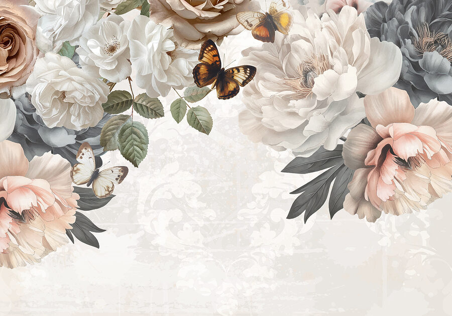 Groupe de fleurs avec papillons