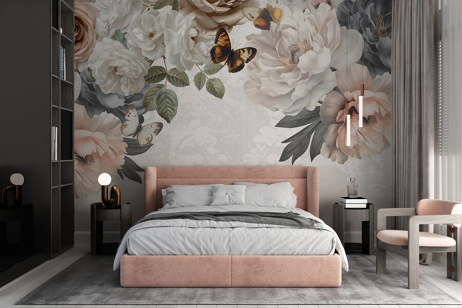 Groupe de fleurs avec papillons