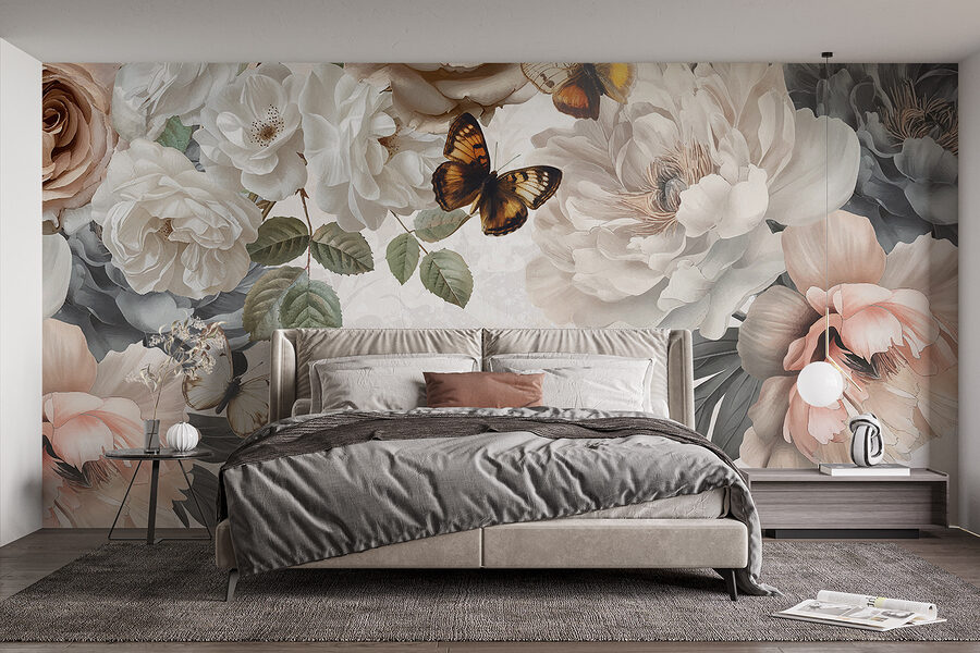 Groupe de fleurs avec papillons