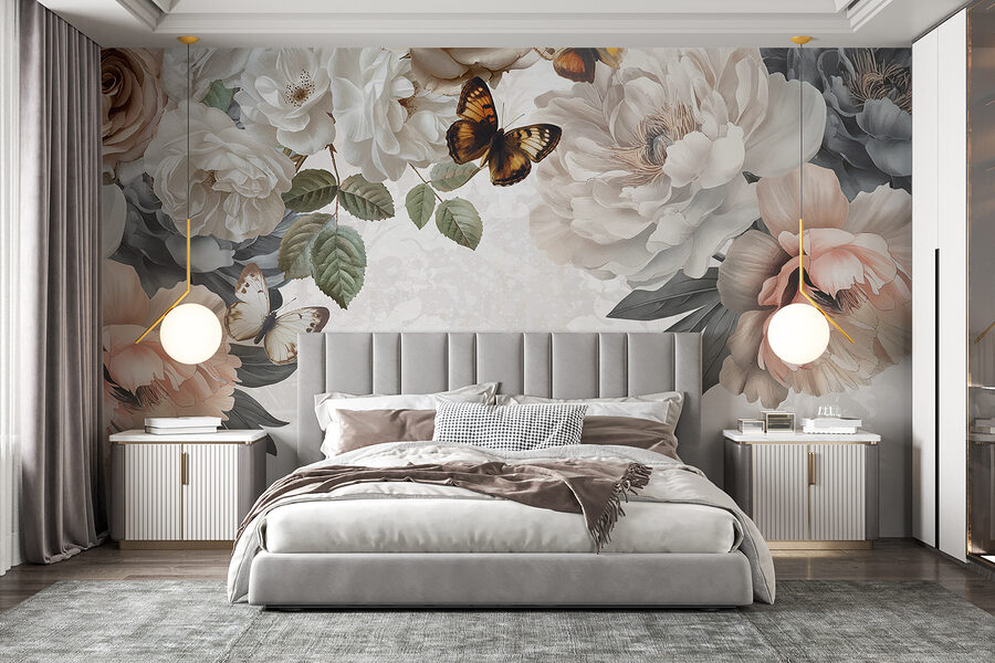 Groupe de fleurs avec papillons