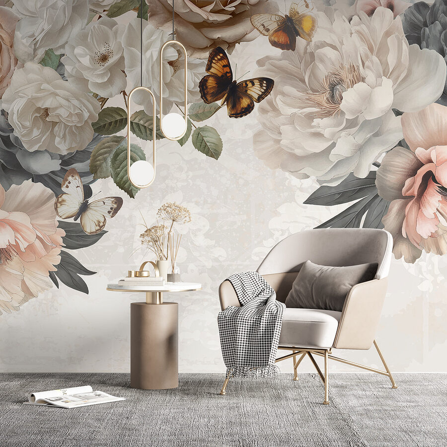 Groupe de fleurs avec papillons