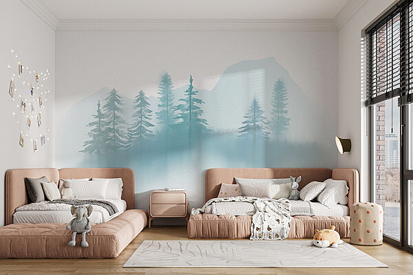 Paysage brumeux avec arbres et montagnes Paysage brumeux avec arbres et montagnes
