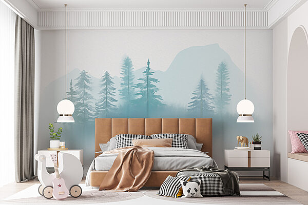 Paysage brumeux avec arbres et montagnes Paysage brumeux avec arbres et montagnes