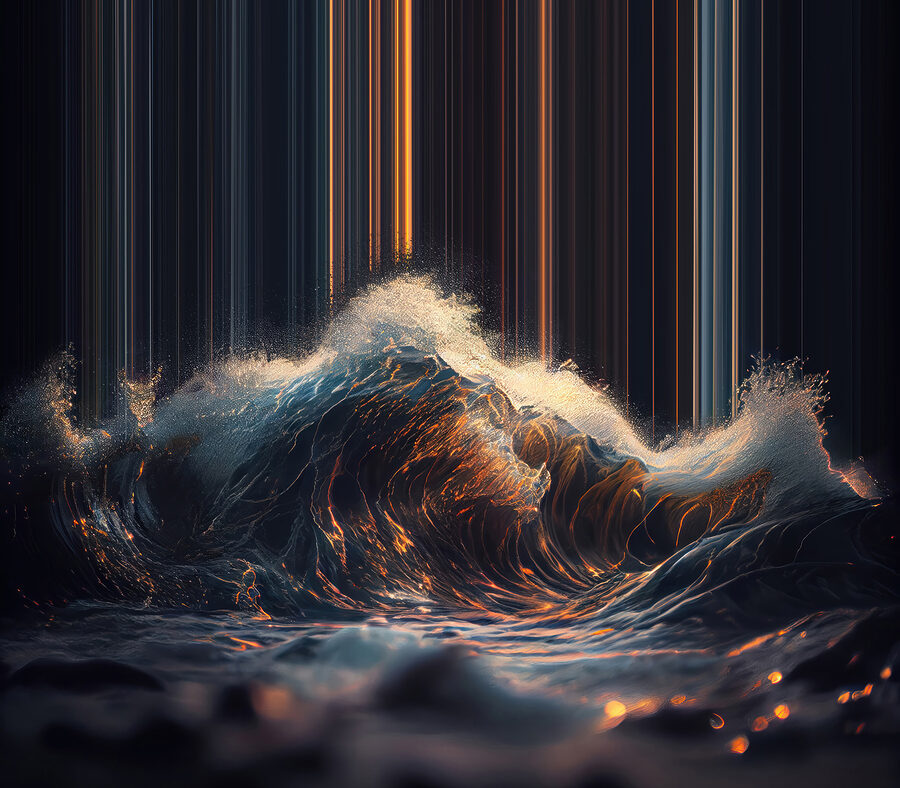 Vague d'où sortent des lumières orange et blanche