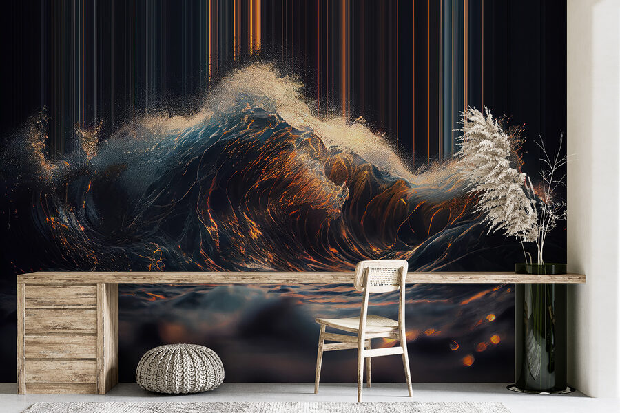 Vague d'où sortent des lumières orange et blanche