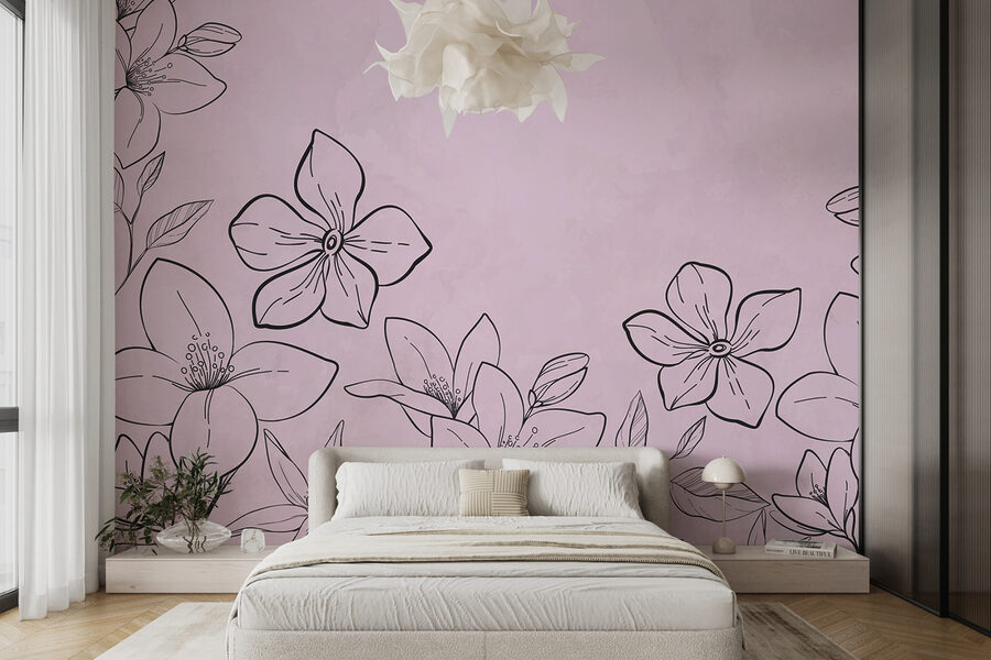 Papier peint Dessin de fleurs sur fond rose