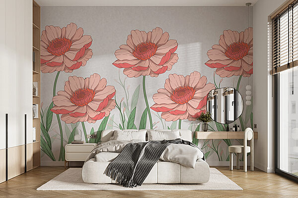 Papier peint Papier peint Groupe de fleurs roses avec feuilles vertes (UGS : w01153)