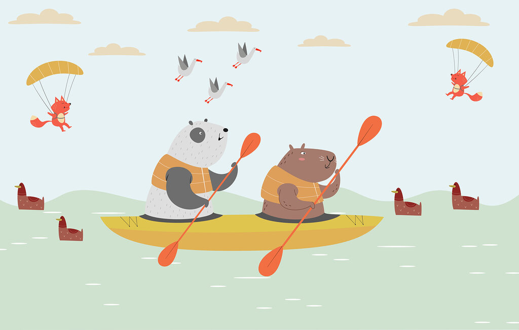 Ours de dessins animés dans un canoë Ours de dessins animés dans un canoë