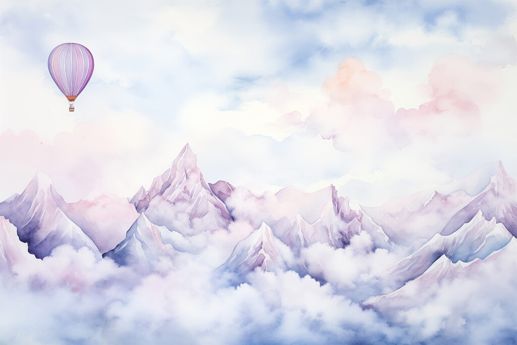 Peinture d'une chaîne de montagnes avec un ballon dans le ciel Peinture d'une chaîne de montagnes avec un ballon dans le ciel