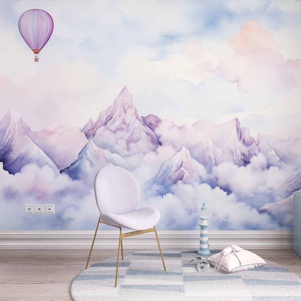 Painting of a mountain range with a balloon in the sky