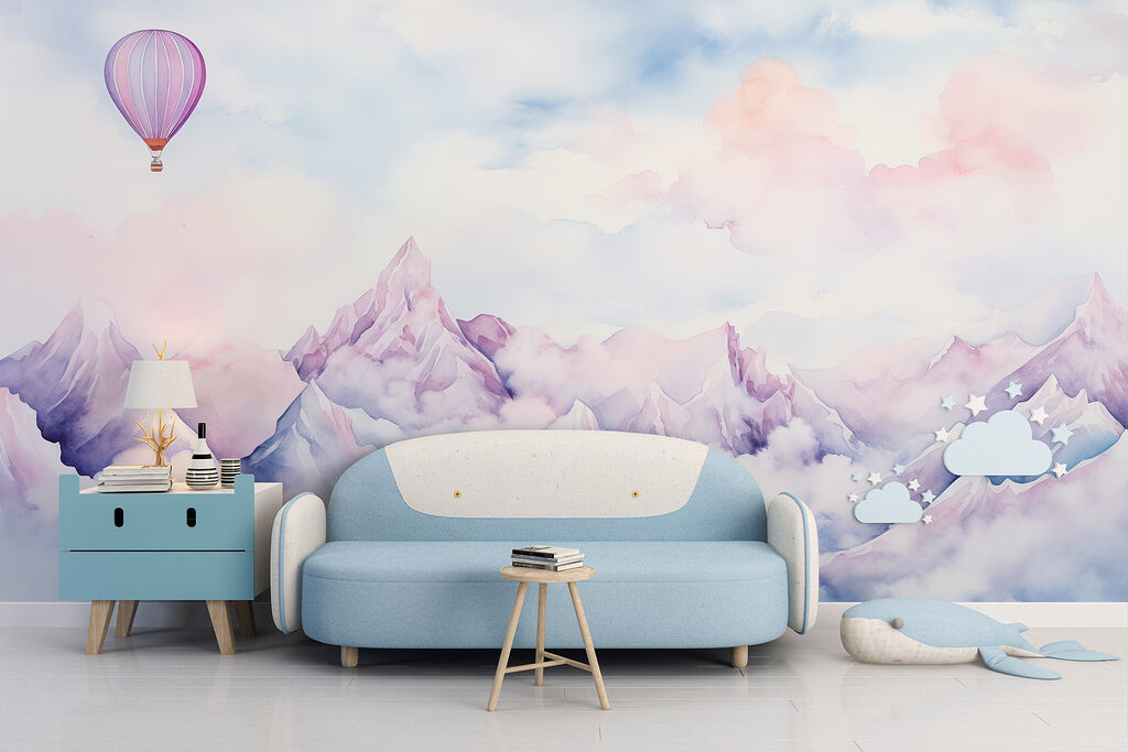 Painting of a mountain range with a balloon in the sky