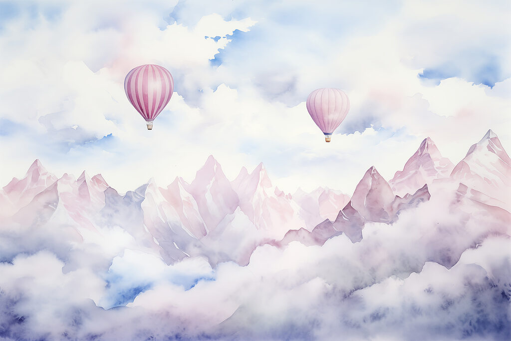 Groupe de montgolfières dans le ciel au-dessus des nuages Groupe de montgolfières dans le ciel au-dessus des nuages