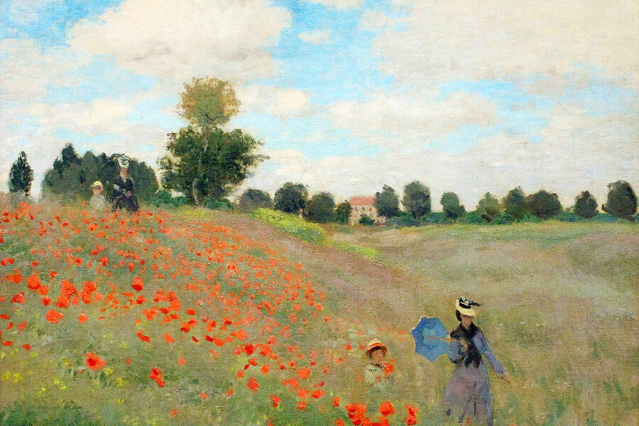 Peinture de personnes marchant dans un champ de fleurs